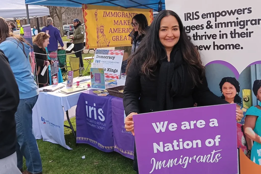 Rona speaking at No Kings Day on New Haven Green IRIS