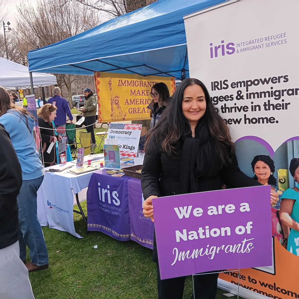 Rona speaking at No Kings Day on New Haven Green IRIS