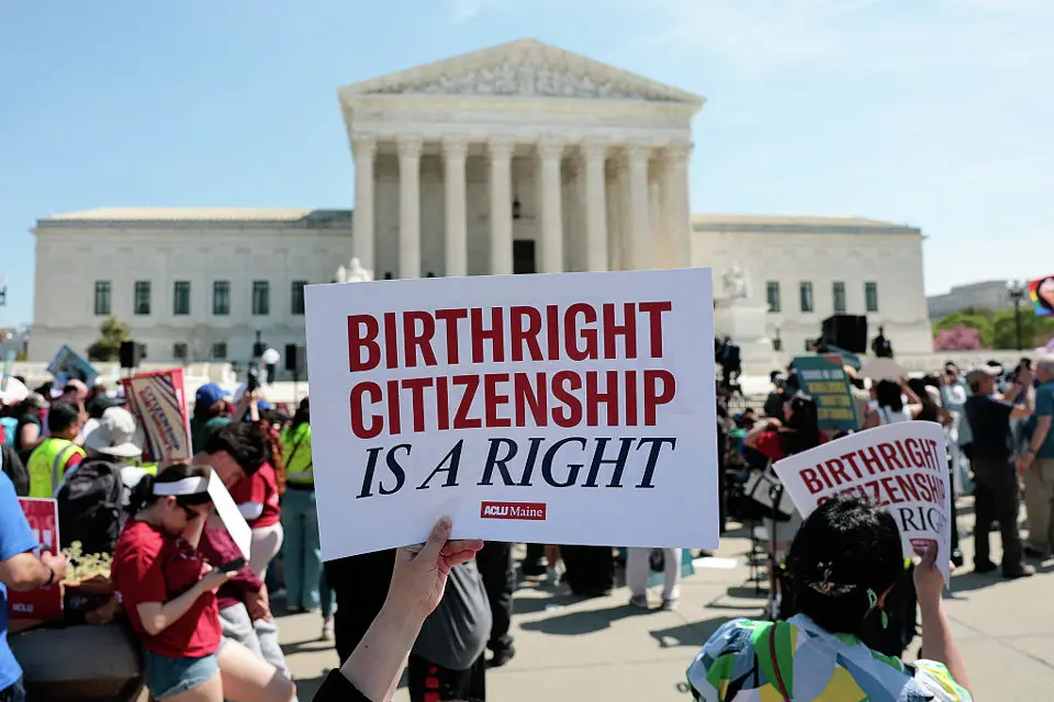 Demonstrators rally in support of birthright citizenship outside the U.S. Supreme Court in Washington, D.C.